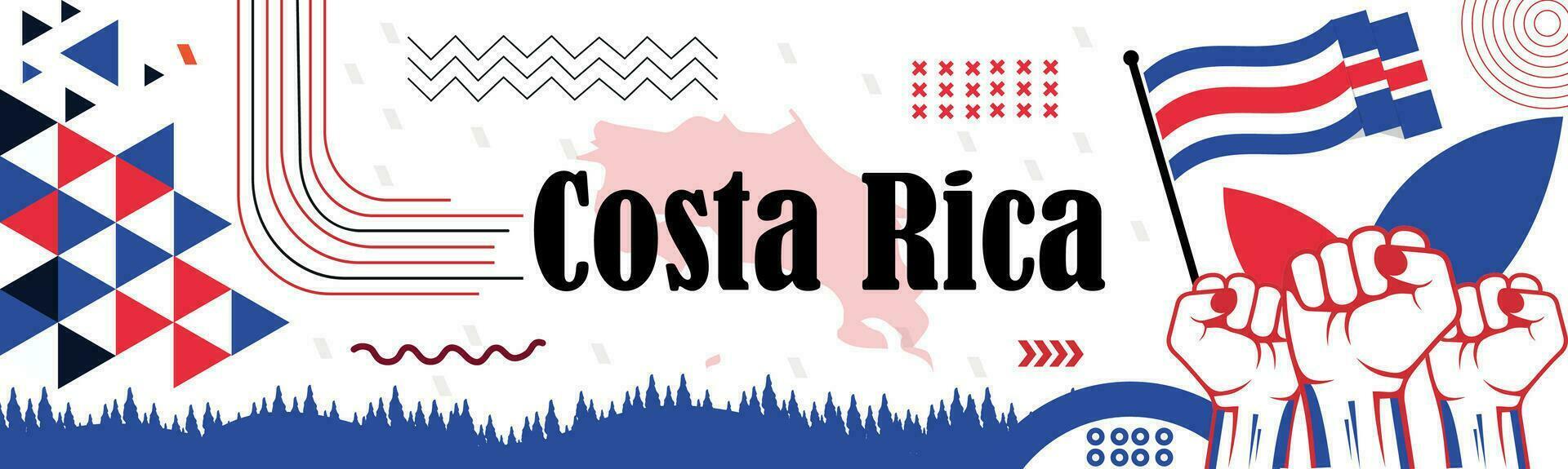 Costa Rica national day banner with map, flag colors theme background and geometric abstract retro modern black Blue red design. abstract modern design. vector