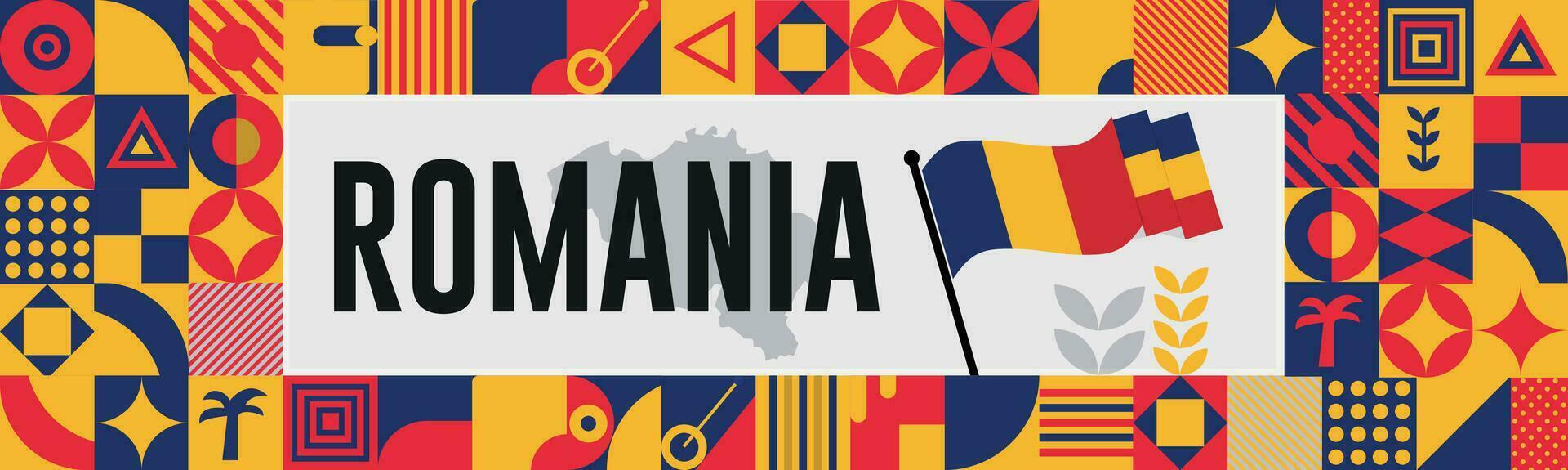 Romania national day banner with map, flag colors theme background and geometric abstract retro modern black yellow blue red design. abstract modern design. vector