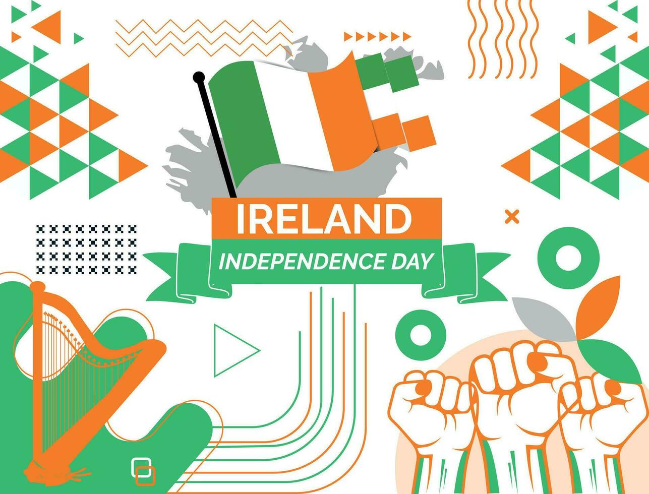 Ireland national day banner design. Ireland flag and map theme with background. Template vector Ireland flag modern design. Abstract geometric retro shapes of Green and blue color.