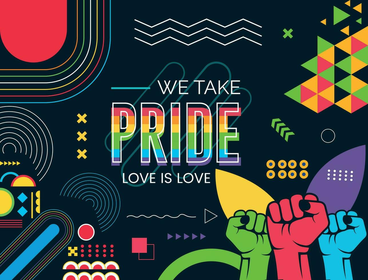 Pride Love banner with modern retro abstract background design. Colorful Rainbow LGBT rights campaign. Lesbians, gays, bisexuals, transgenders, queer. Raised fists. vector