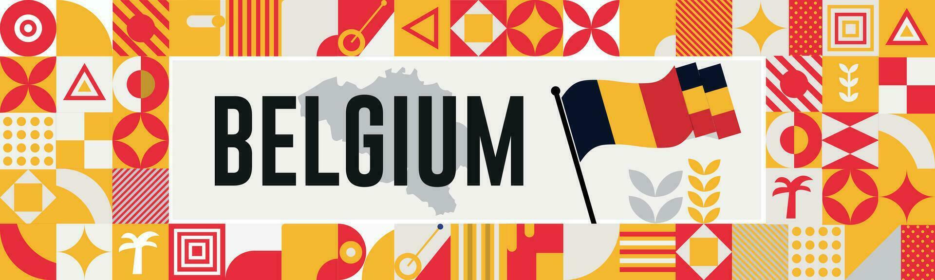 Belgium national day banner with map, flag colors theme background and geometric abstract retro modern black yellow red design. abstract modern design. vector