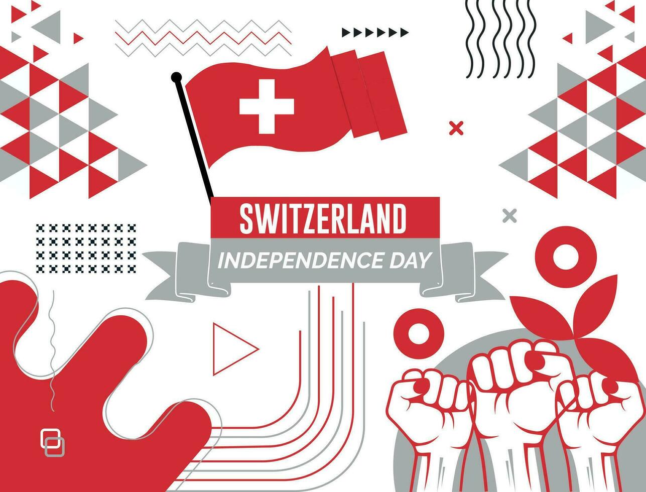 SWITZERLAND Map and raised fists. National day or Independence day design for SWITZERLAND celebration. Modern retro design with abstract icons. Vector illustration.