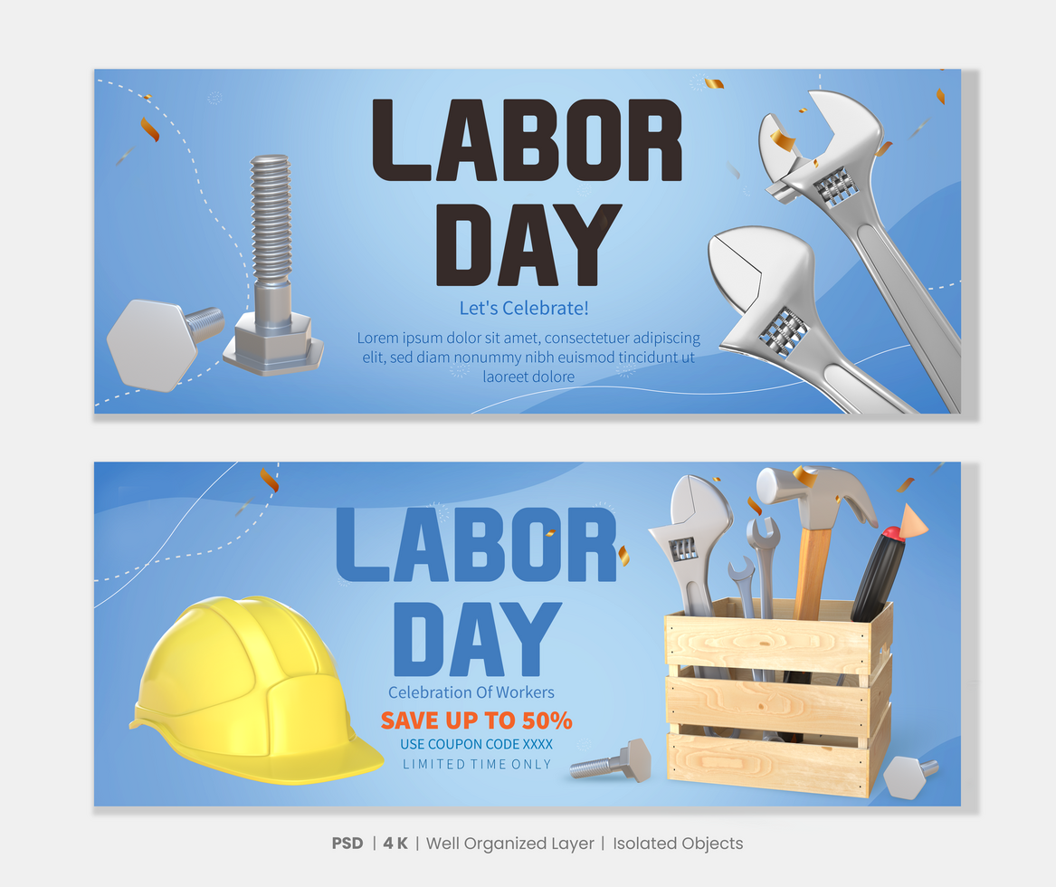 Labor Day Banners Set With 3D Rendering Construction Tools Objects psd