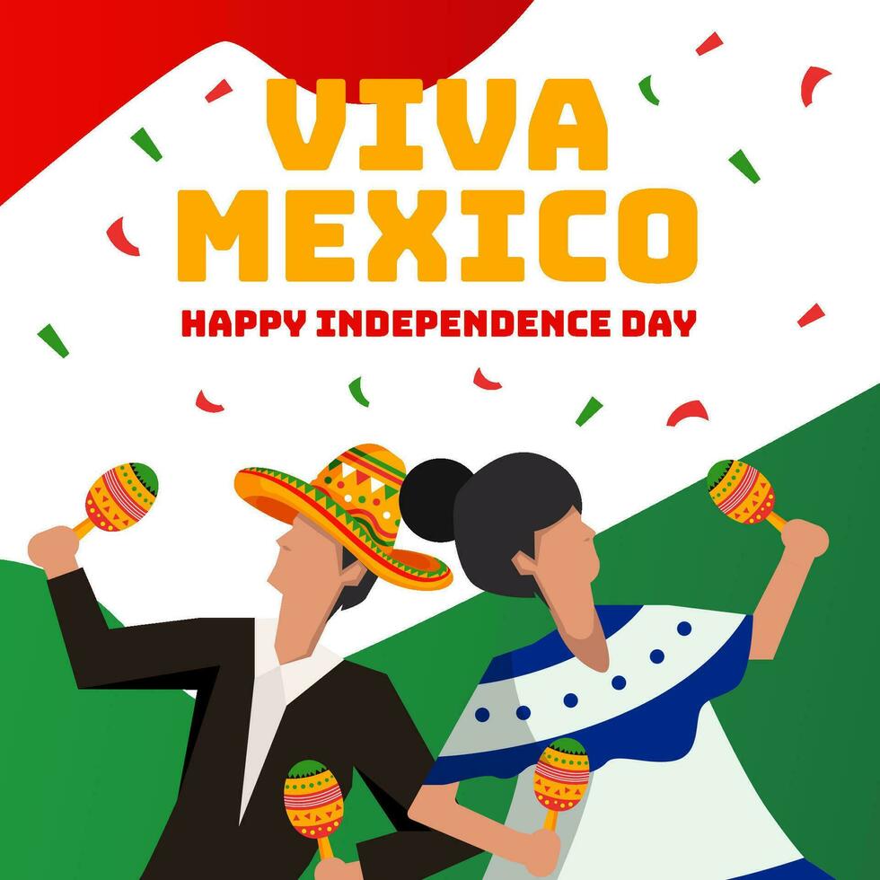 viva Mexico, independence day illustration with two people dancing and holding maracas vector