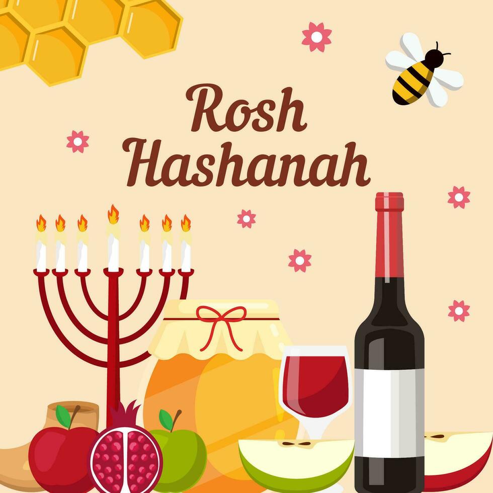 rosh hashanah illustration with wine, apples, pomegranate, honey, and bees vector