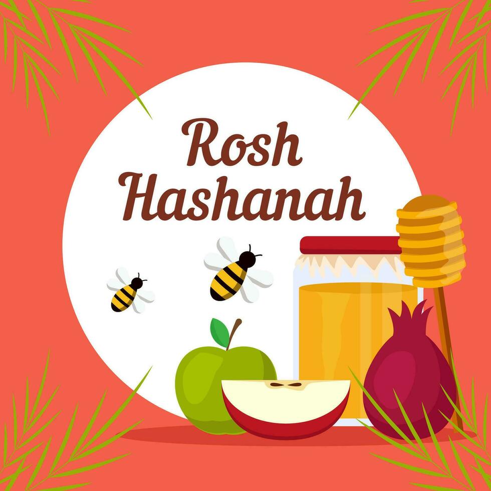 rosh hashanah illustration in flat design vector with bee, pomegranate and apples