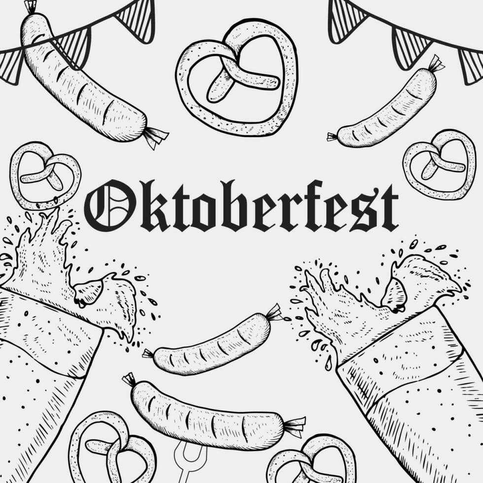 hand drawn oktoberfest with glasses of beer and sausages illustration vector