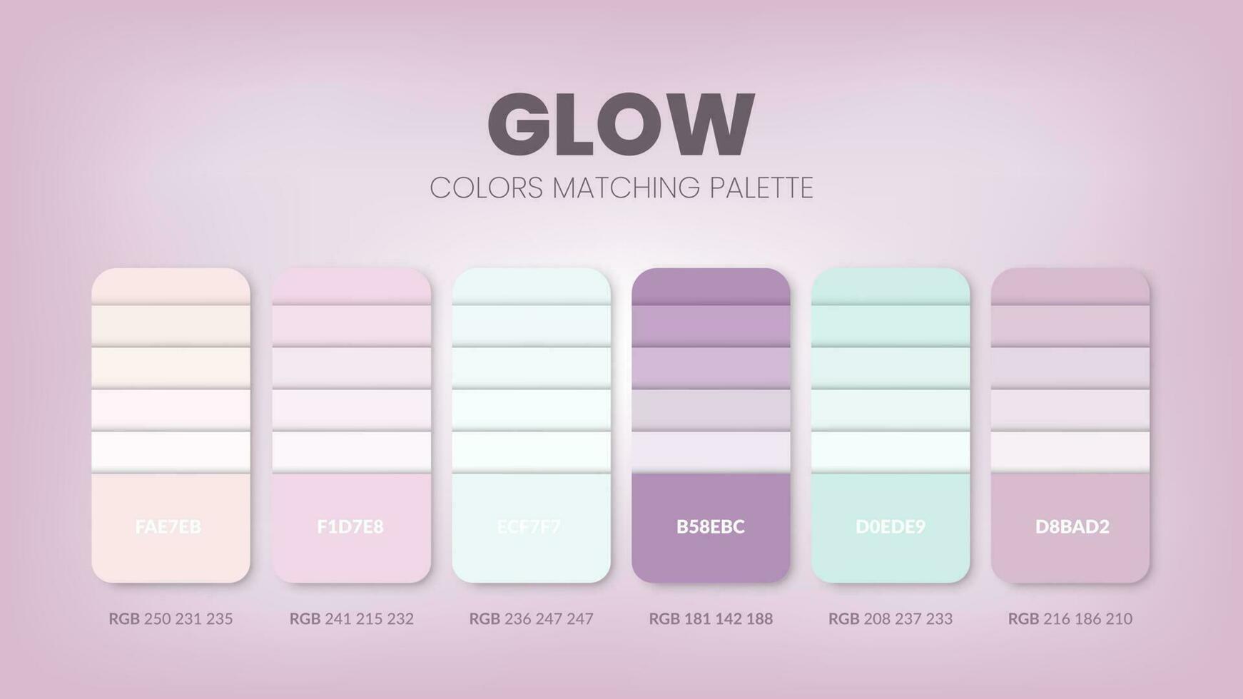 Color palette in a Glow colour theme collections. Color scheme or colors chart template. Color combination set of RGB, HSL and HEX codes. Color swatch for artist, fashion, home design, or web design. vector
