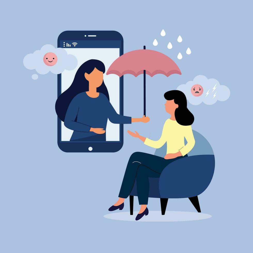 Psychologist counseling sad upset woman, holding umbrella to protect old man from rain in video call vector