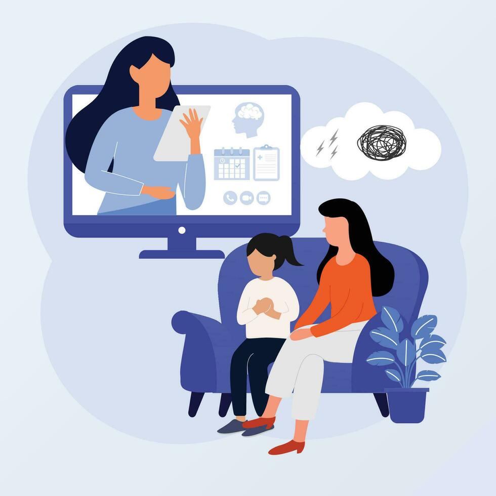 Mother with her daugter talking online with therapist via computer. vector