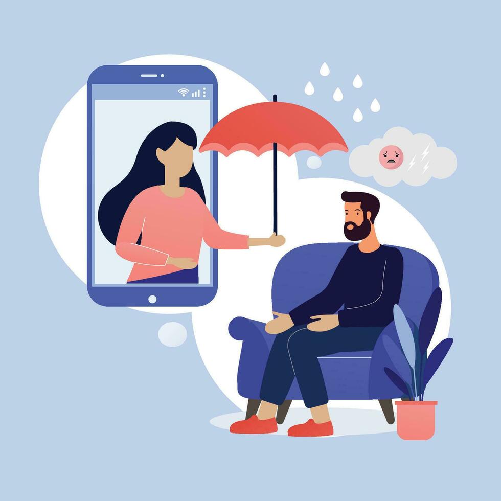 Psychologist counseling sad upset man, holding umbrella to protect old man from rain in video call vector