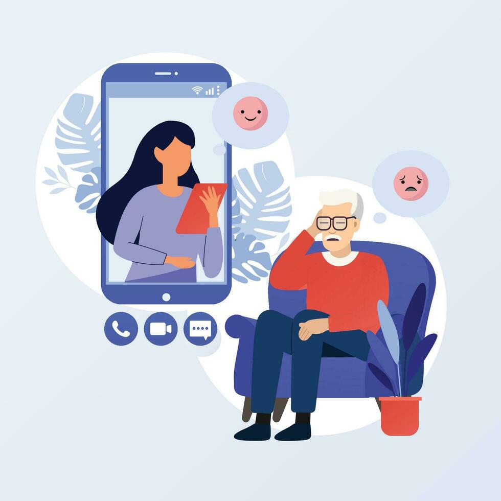 Online psychological help. Sad elderly man talking with psychologist on the chair. Vector flat style illustration