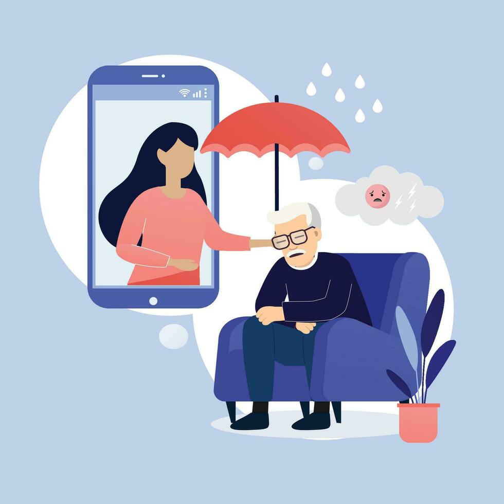Female psychologist counseling sad upset old man, holding umbrella to protect old man from rain in video call vector