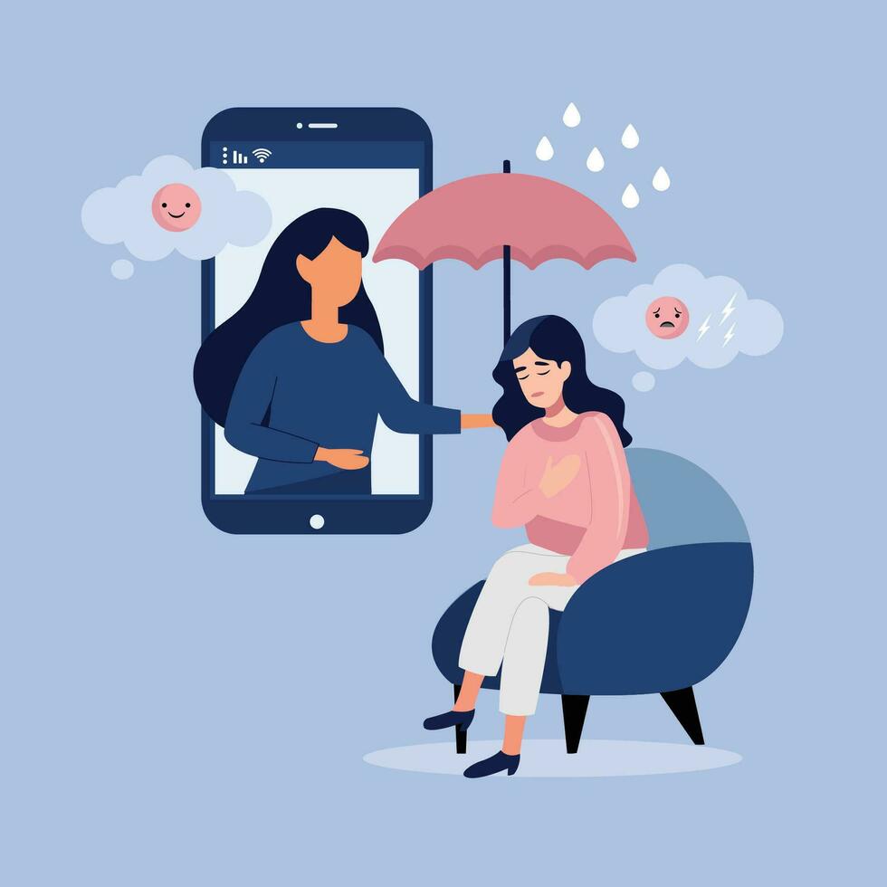 Psychologist counseling sad upset woman, holding umbrella to protect old man from rain in video call vector