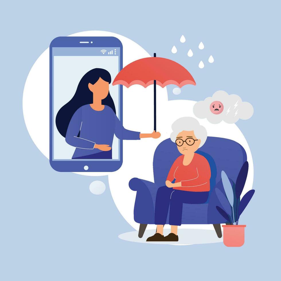Female psychologist counseling sad upset old man, holding umbrella to protect old man from rain in video call vector