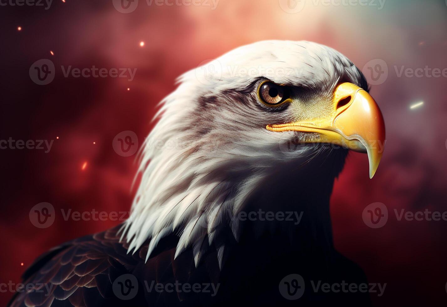 Photo bald eagle with Americana flag in the background