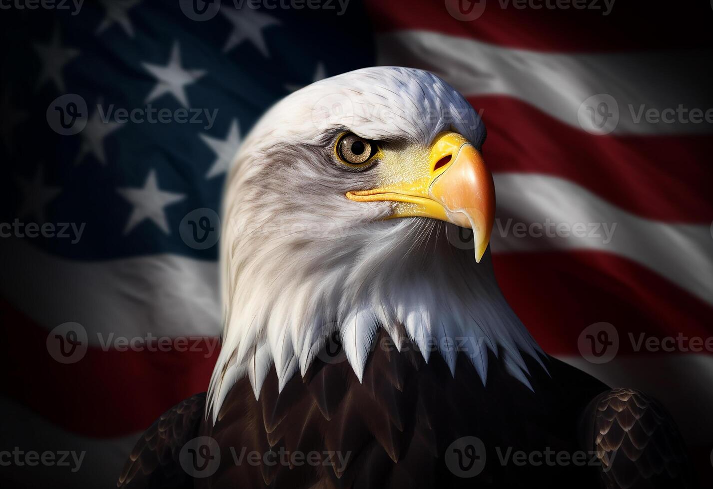 Photo bald eagle with Americana flag in the background