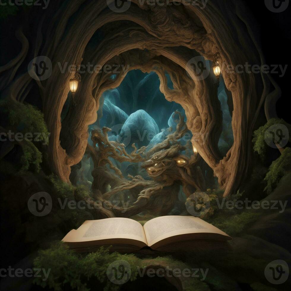 open book in beautiful mysterious fairytale forest photo