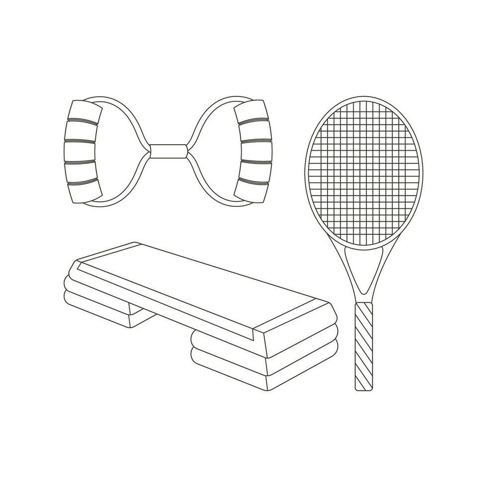 Step platform, expander, racket for big tennis. Sport equipment. Fitness inventory. Line art. vector