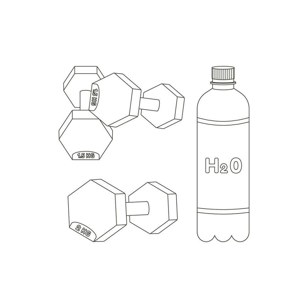 Dumbbells, bottled water. Sport equipment. Fitness inventory. Flat vector illustration. Line art.