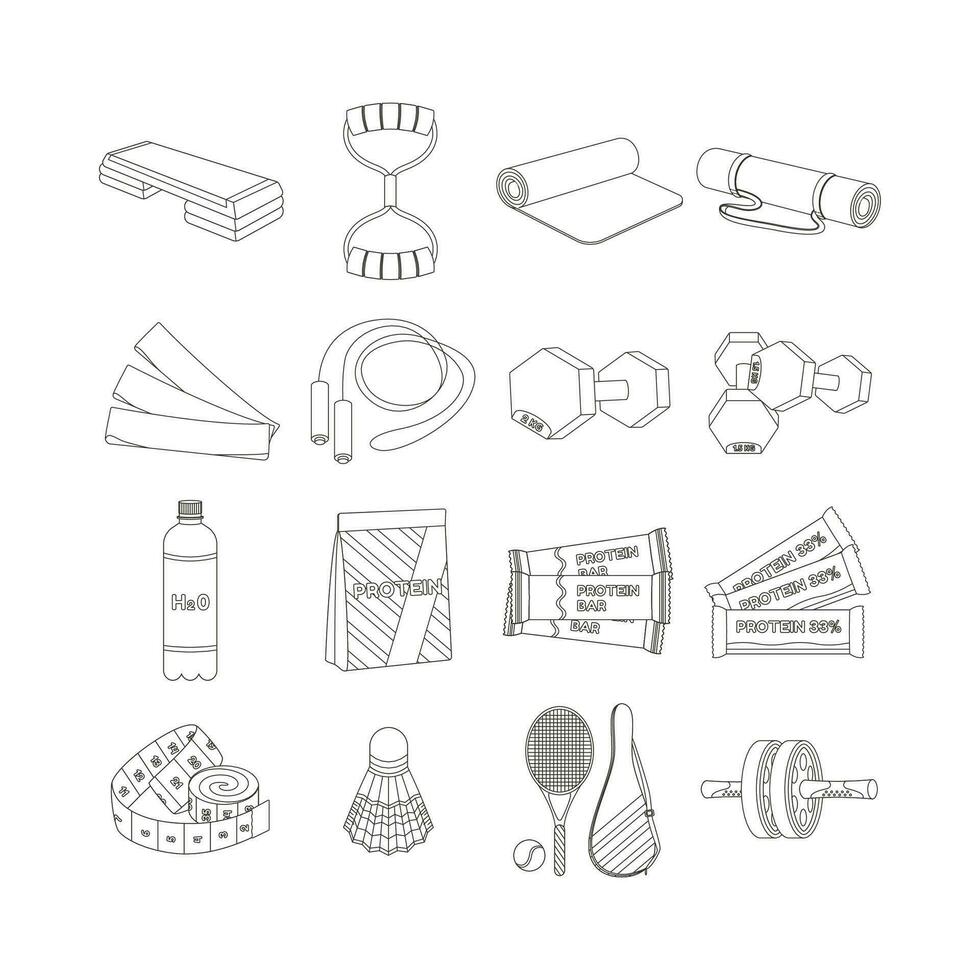 Step platform, expander, mat, jump rope, dumbbells, water, protein. Sport equipment. Fitness inventory. Line art. vector