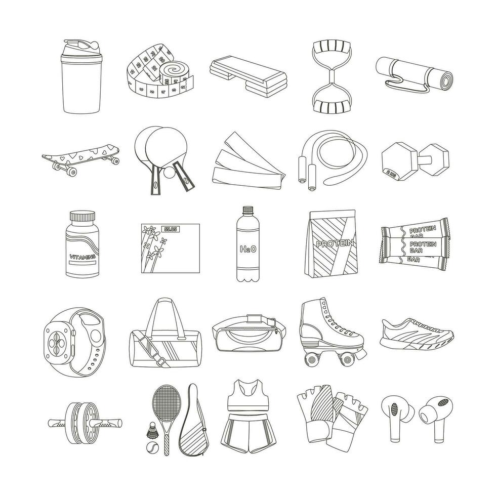 criba vibradora, mancuernas, proteína, bolsa, rodillos, zapatillas, ropa de deporte, guantes, auricular. deporte equipo. aptitud inventario. línea Arte. vector