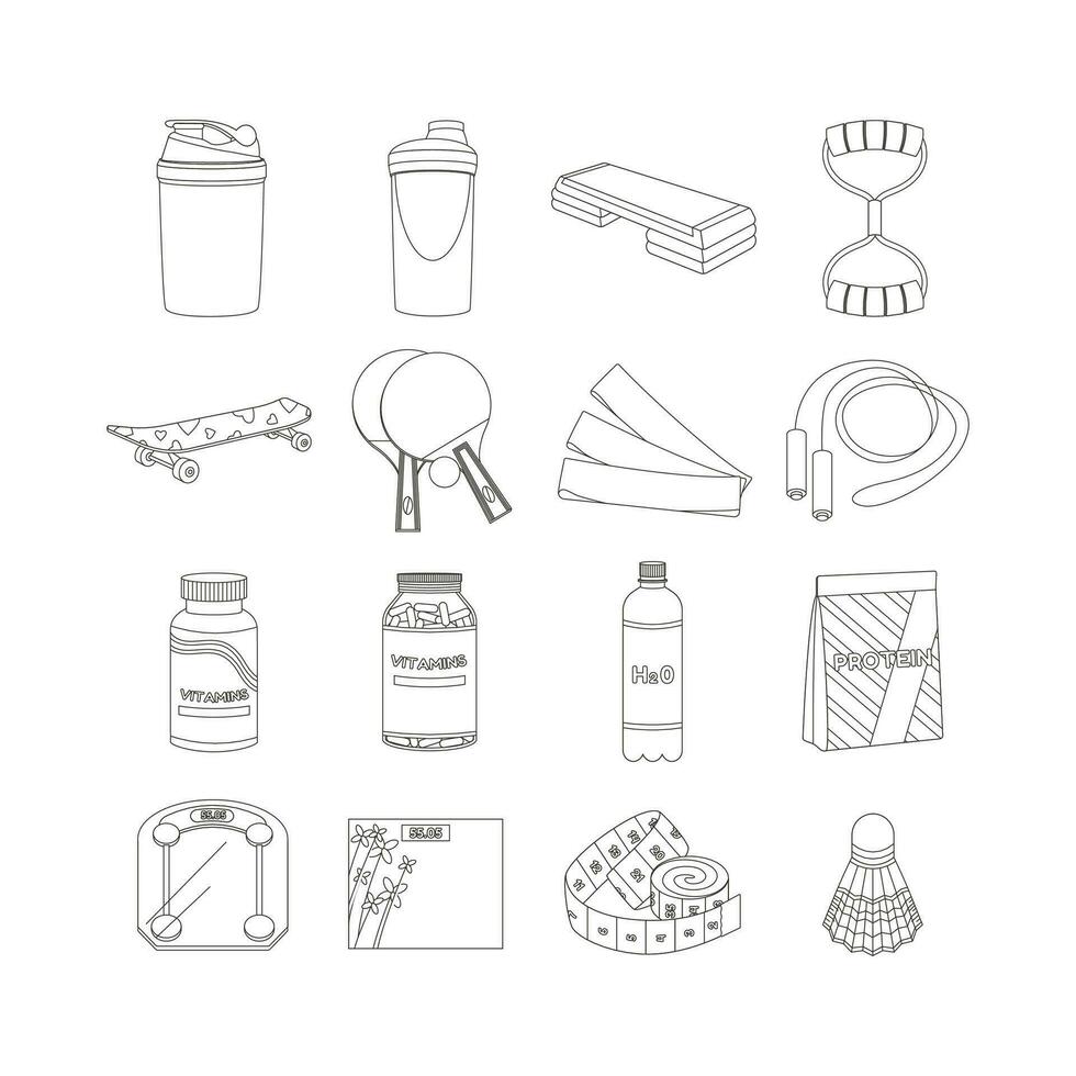 Shaker, step platform, expander, mat, skateboard, tennis, vitamins, protein. Sport equipment. Fitness inventory. Line art. vector