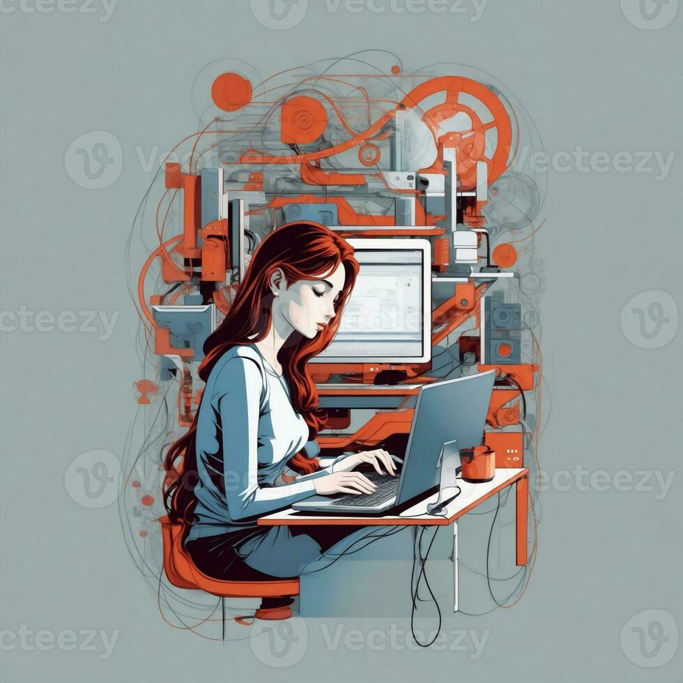 young woman working or studying at the computer photo