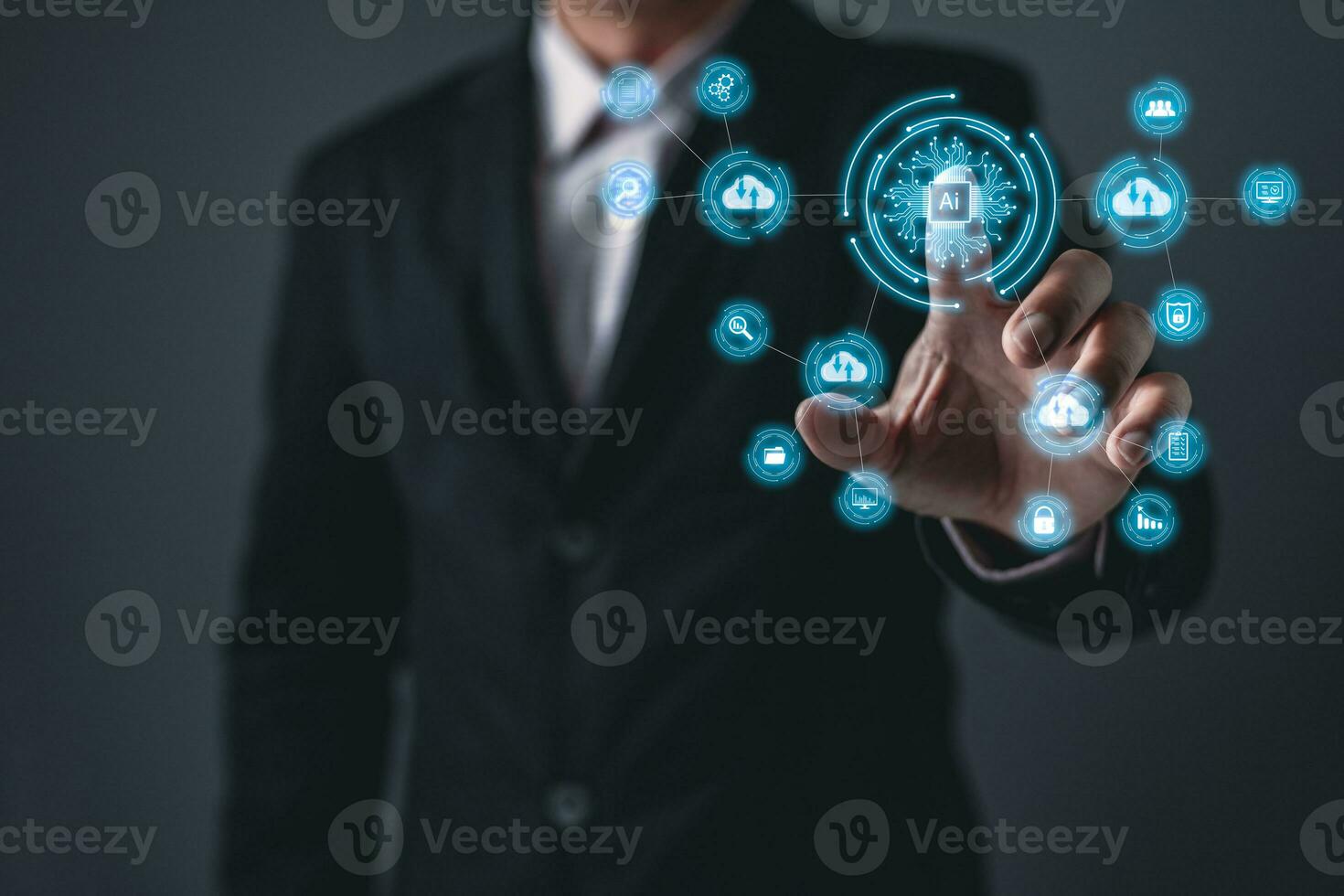 person is touch an Ai chip.new technology bigdata and business process strategy,customer service management.Digital transformation change management,internet of things.cloud computing.Ai technology. photo