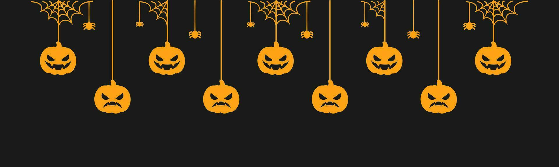 Happy Halloween banner or border with spider web and jack o lantern pumpkins silhouette. Hanging Spooky Ornaments Decoration Vector illustration, trick or treat party invitation