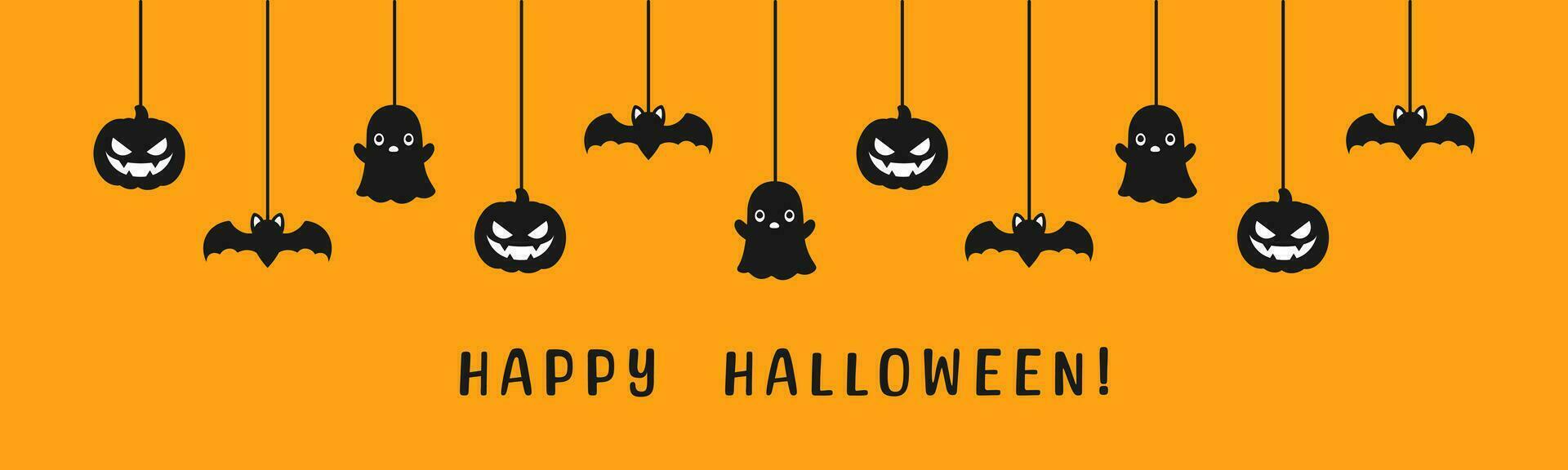 Happy Halloween banner or border with black bats, ghost and jack o lantern pumpkins. Hanging Spooky Ornaments Decoration Vector illustration, trick or treat party invitation