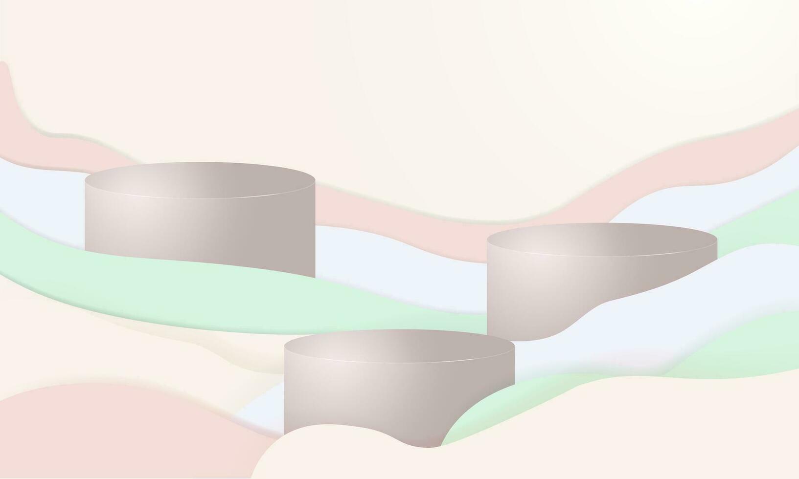 Pastel vector background with paper origami waves and cute bubbles. 3D rendered podiums. Editable Vector in EPS 10. Perfect for product displays and design backgrounds.