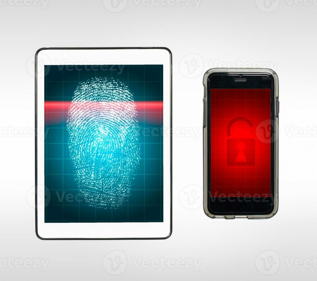 Fingerprint unlock scanning on tablet and smart phone. 27287153 Stock