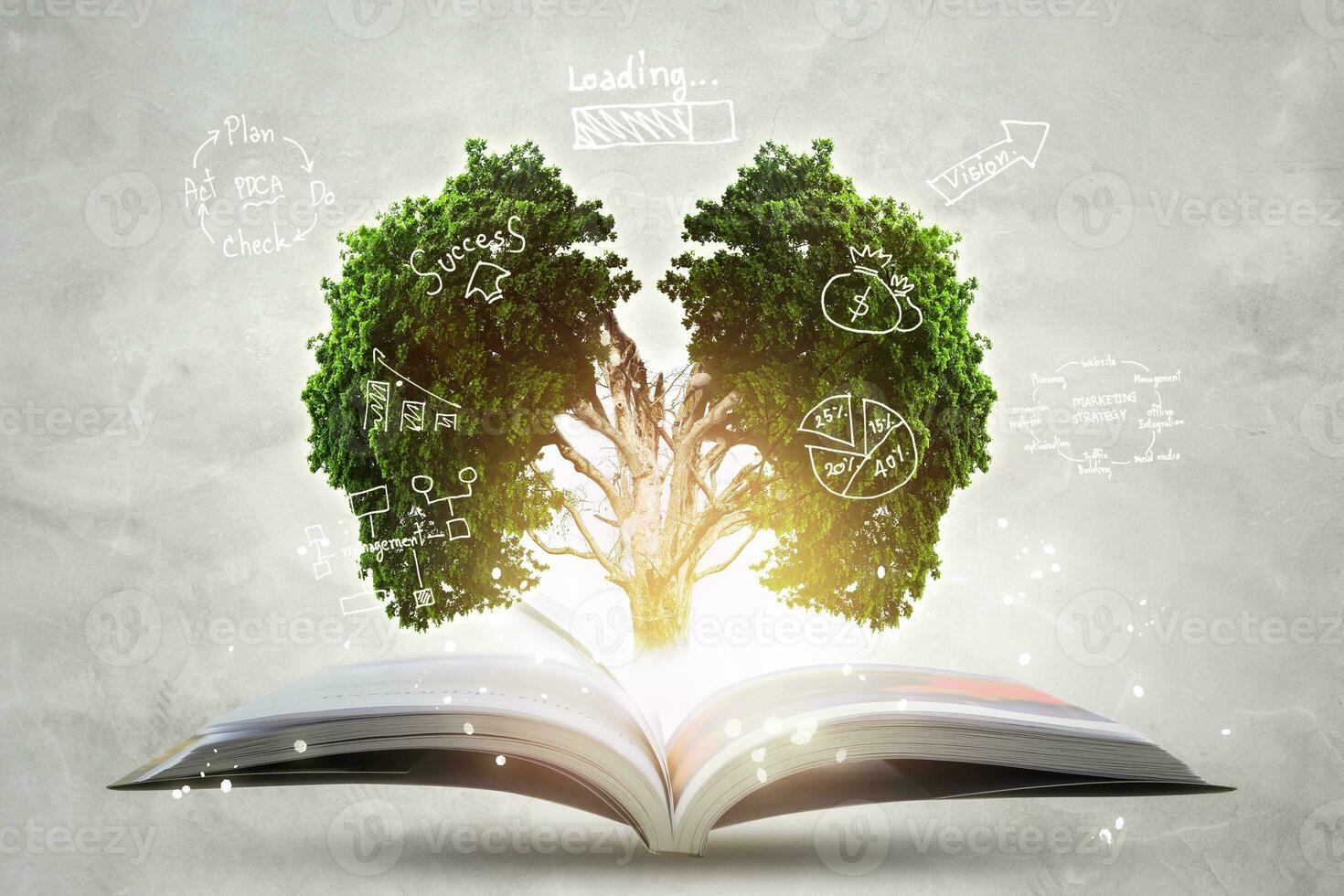 Book of growing knowledge with brains big tree. photo