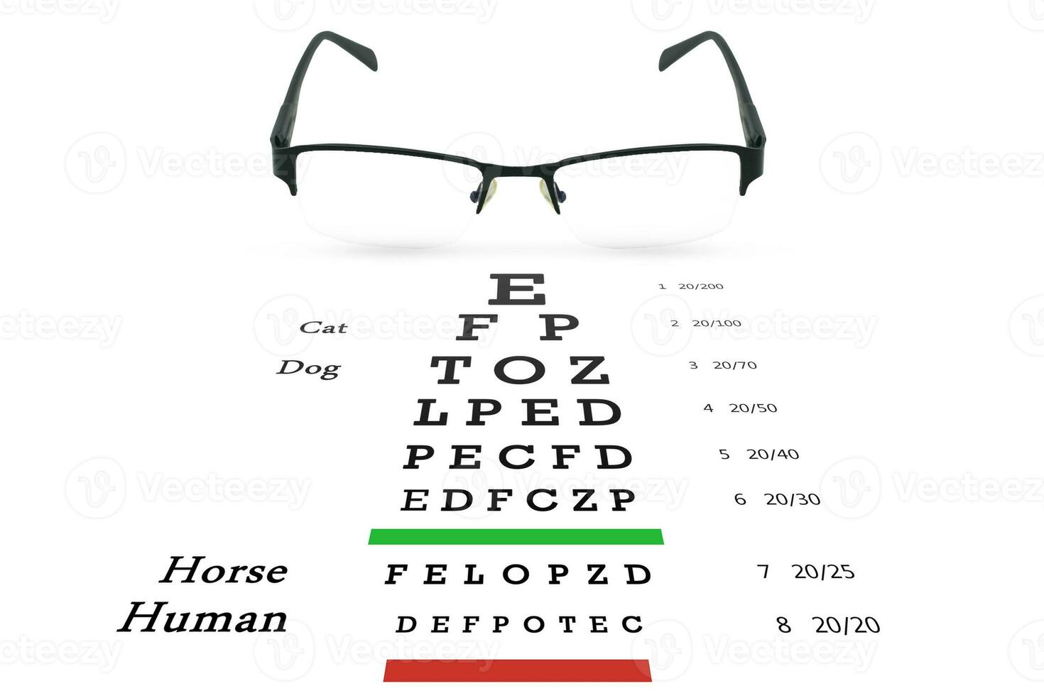 Eye glasses with eyesight test on chart board. photo