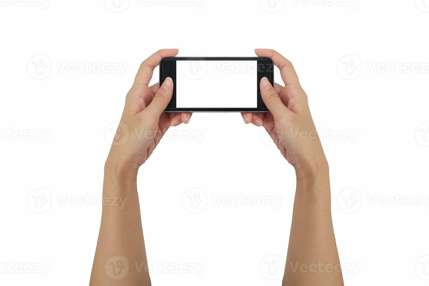 Hand holding smart phone isolated white background, use clipping path photo