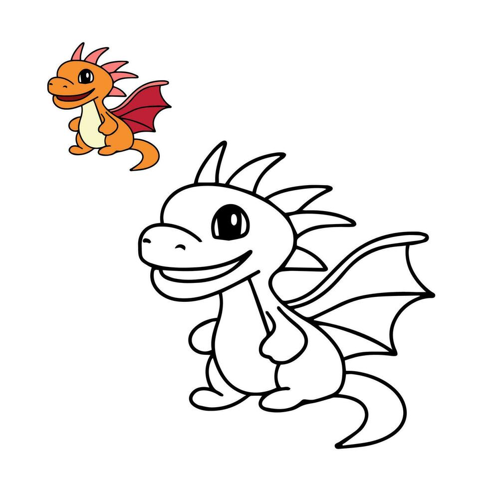 Cute dragon for coloring book. Little dragon coloring page for children education. Vector illustration. Dragon in doodle style.