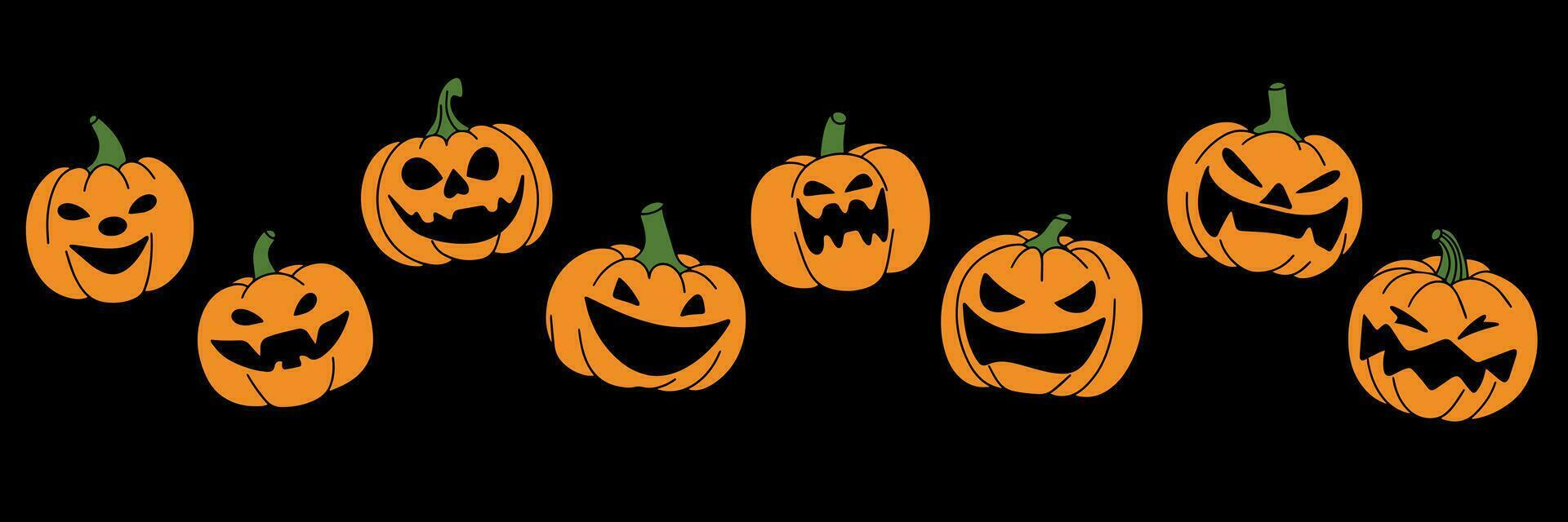 Seamless long horizontal Halloween banner. Pumpkin Halloween seamless banner. Jack O Lantern banner on dark background. Vector illustration.