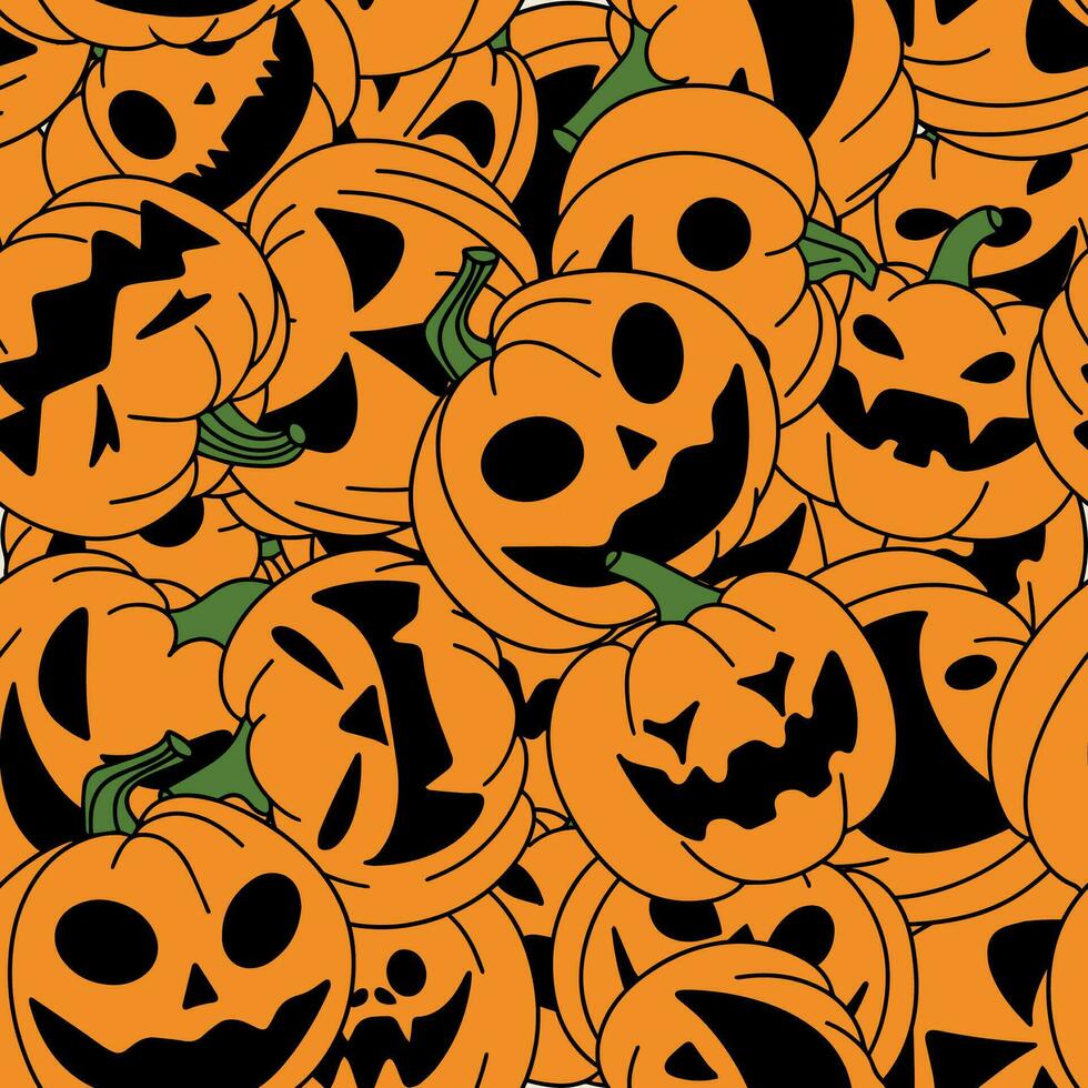 Jack O Lantern seamless pattern in doodle style. Hand drawn Halloween seamless pattern. Vector illustration.