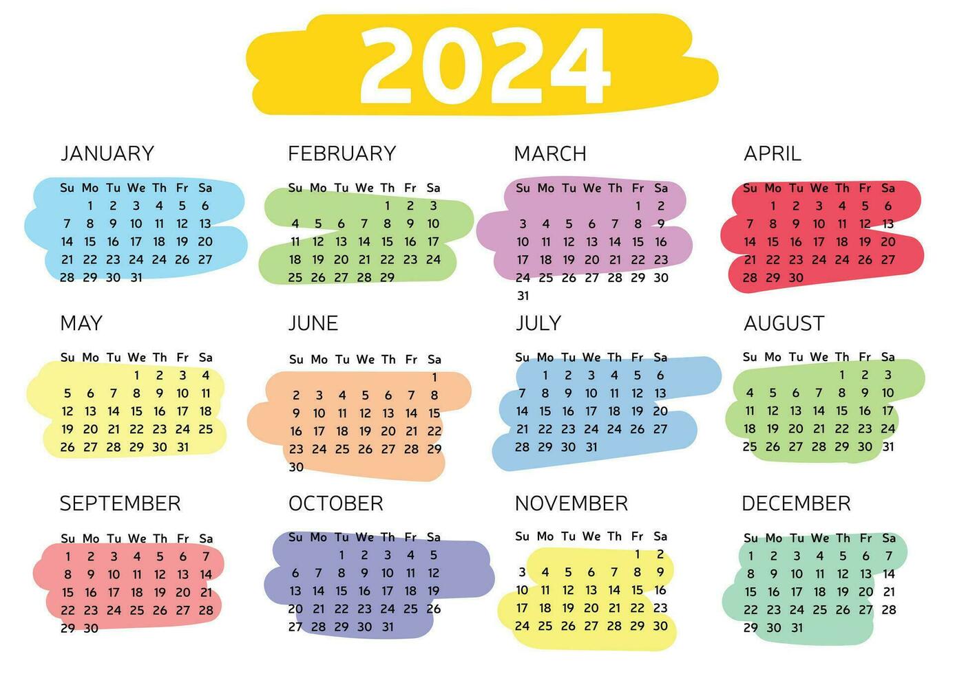 Coloring classic calendar 2024 year. Week start from Sunday. Vector illustration.