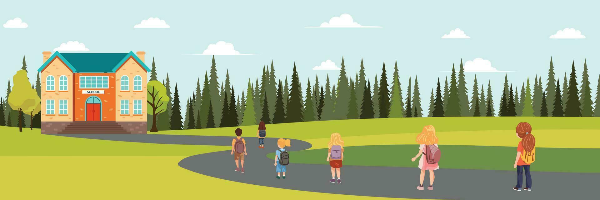 Long horizontal school background. Children are going to school. Vector illustration.