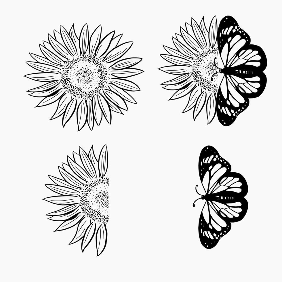 Half Sunflower With Butterfly Line Art vector