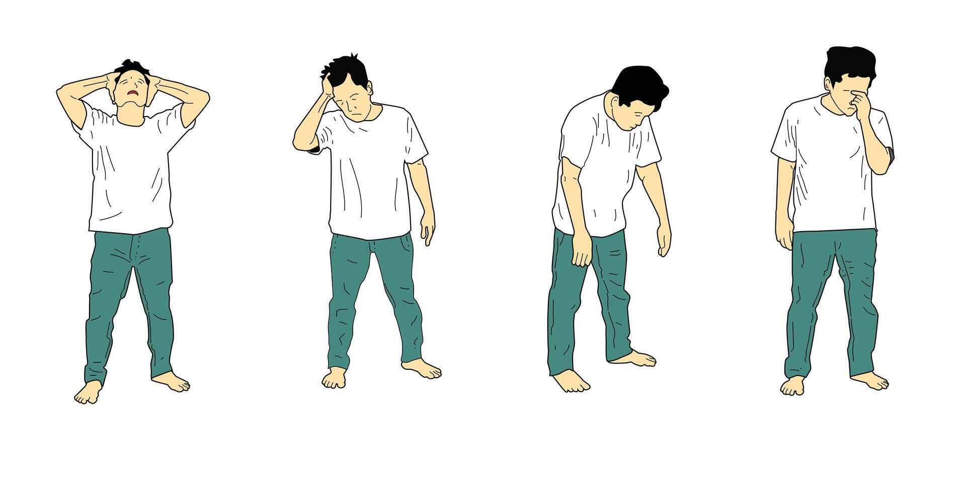 Man  feels headache and worries . Hand drawn style vector design illustrations.