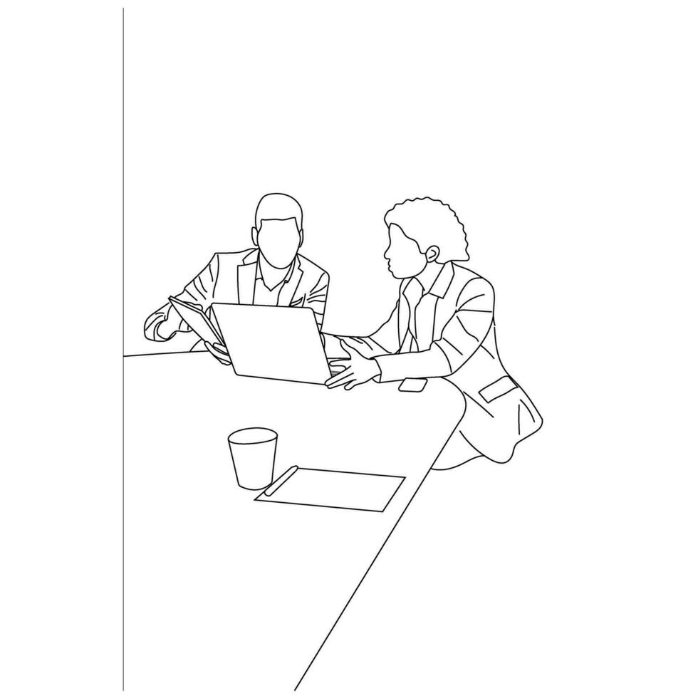 Vector business meeting discussion between worker in cafe round table cartoon Line art. Business training and presentation concept. continuous line drawing of office workers at business meeting