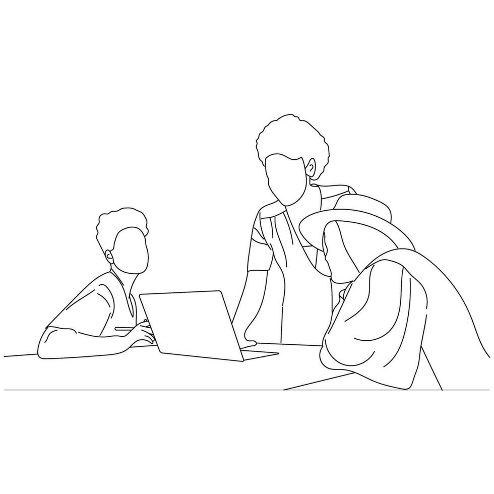 Vector business meeting discussion between worker in cafe round table cartoon Line art. Business training and presentation concept. continuous line drawing of office workers at business meeting