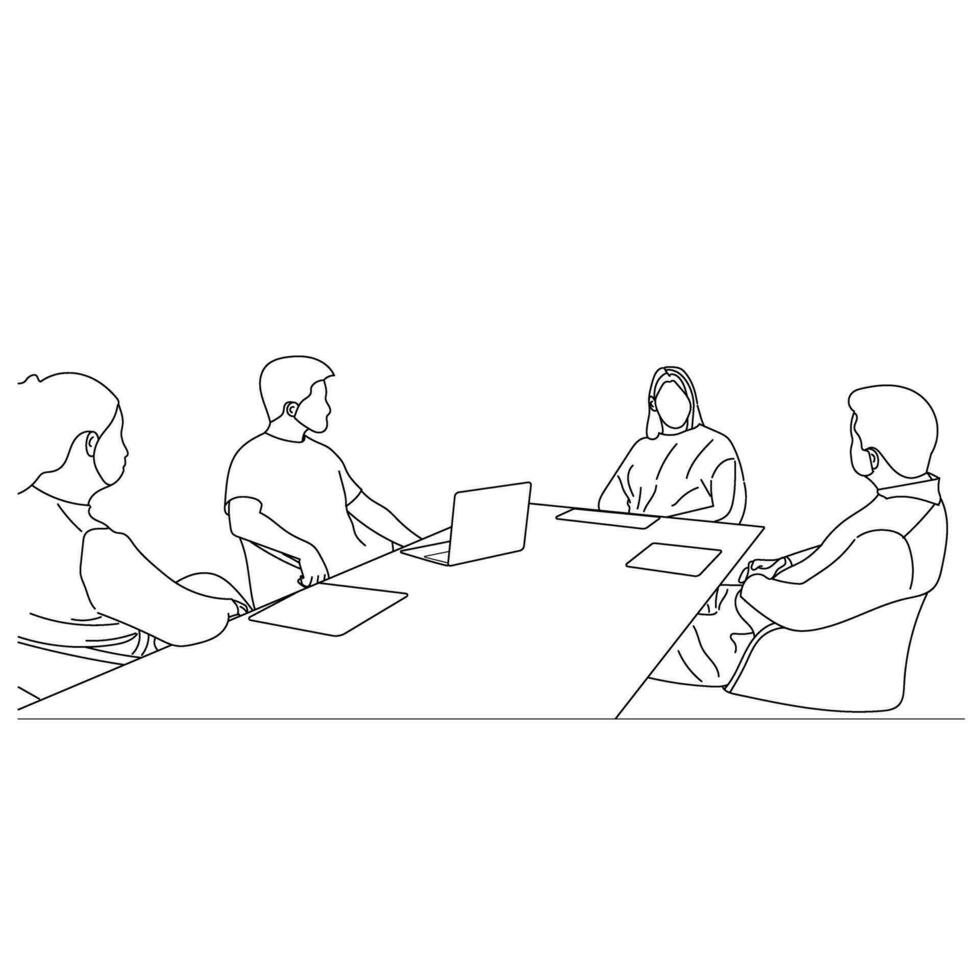 Vector business meeting discussion between worker in cafe round table cartoon Line art. Business training and presentation concept. continuous line drawing of office workers at business meeting