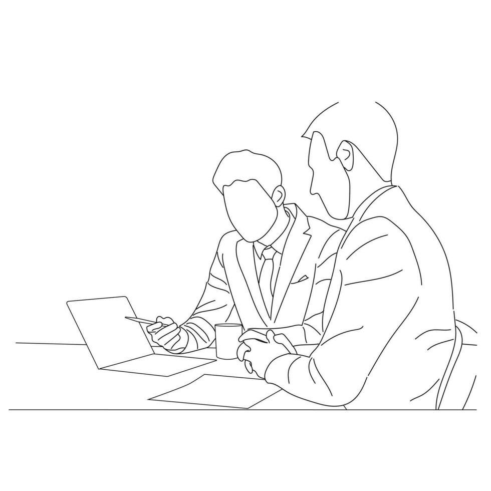 Vector business meeting discussion between worker in cafe round table cartoon Line art. Business training and presentation concept. continuous line drawing of office workers at business meeting