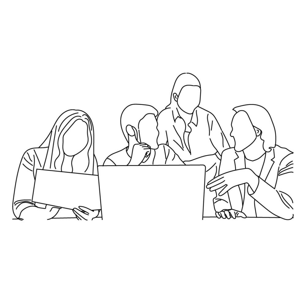 Vector business meeting discussion between worker in cafe round table cartoon Line art. Business training and presentation concept. continuous line drawing of office workers at business meeting