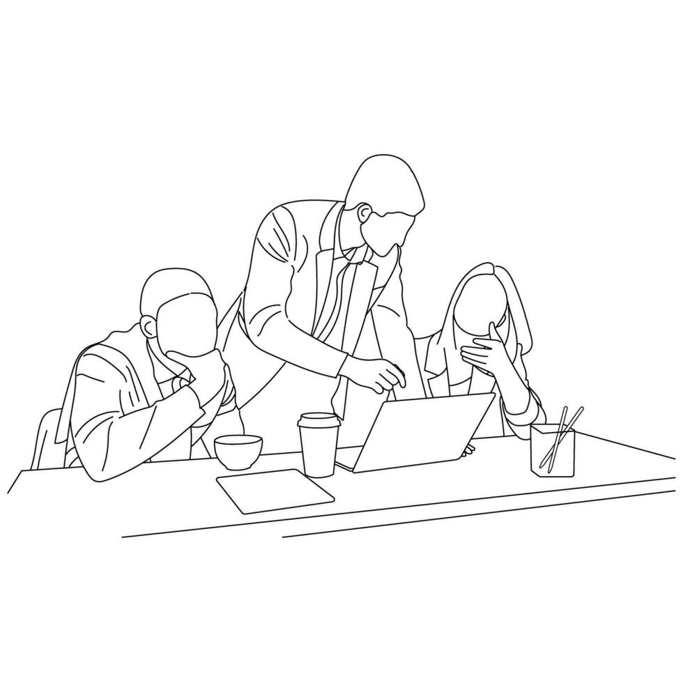 Vector business meeting discussion between worker in cafe round table cartoon Line art. Business training and presentation concept. continuous line drawing of office workers at business meeting