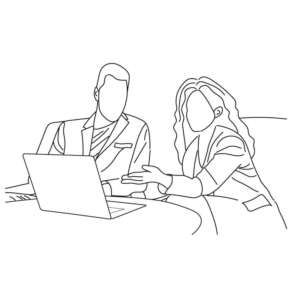 Vector business meeting discussion between worker in cafe round table cartoon Line art. Business training and presentation concept. continuous line drawing of office workers at business meeting